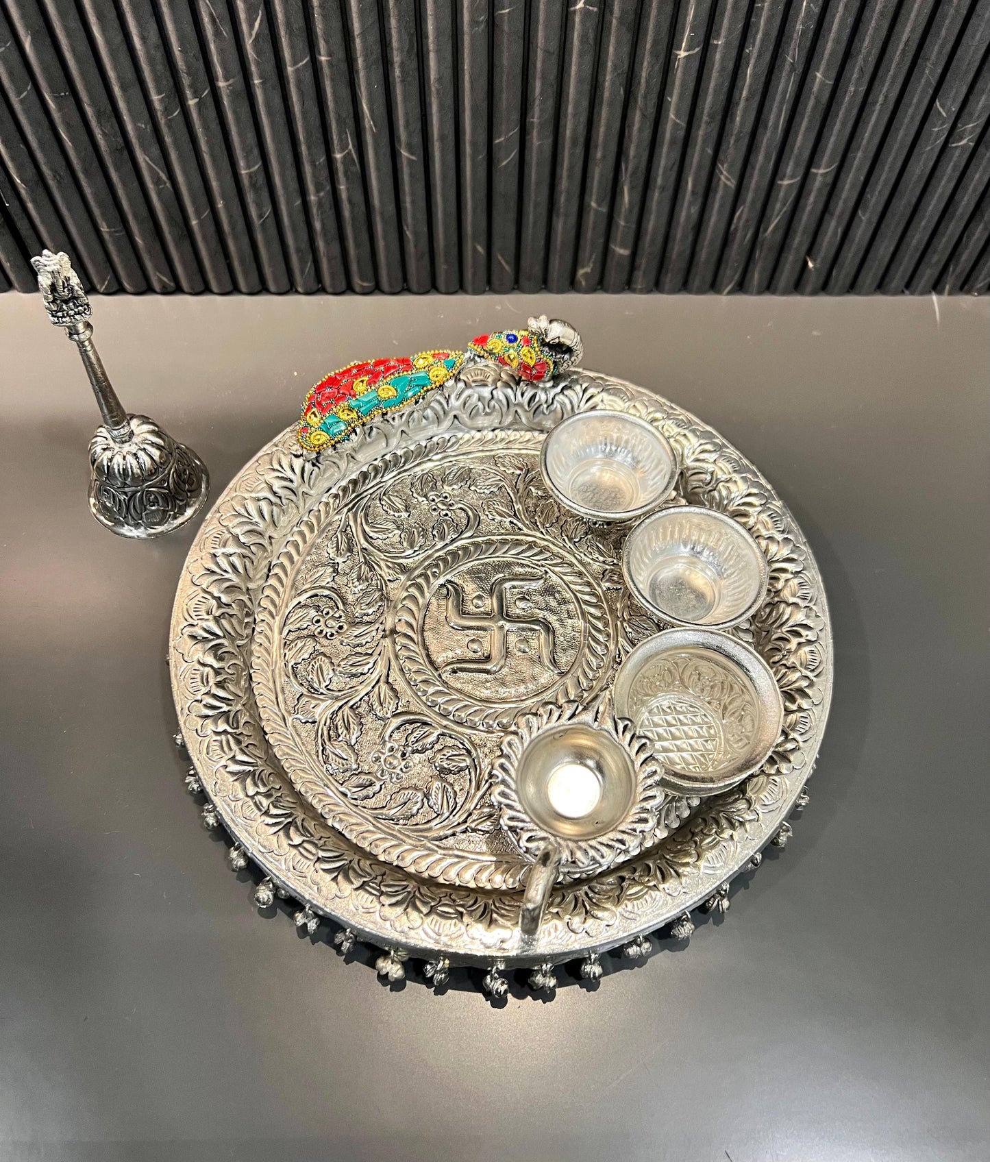 German Silver Elephant & Peacock Hand-Engraved Swastik Puja Thali Set