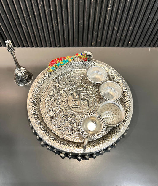German Silver Elephant & Peacock Hand-Engraved Swastik Puja Thali Set