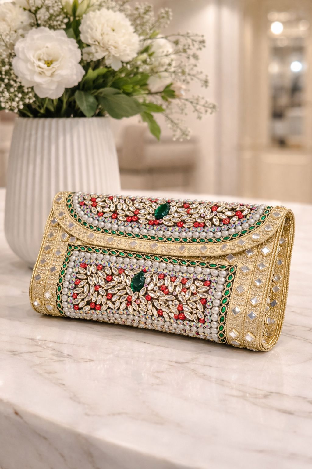 Gold Book Style Kundan Clutch with Emerald Green, Red &amp; White Stone Work