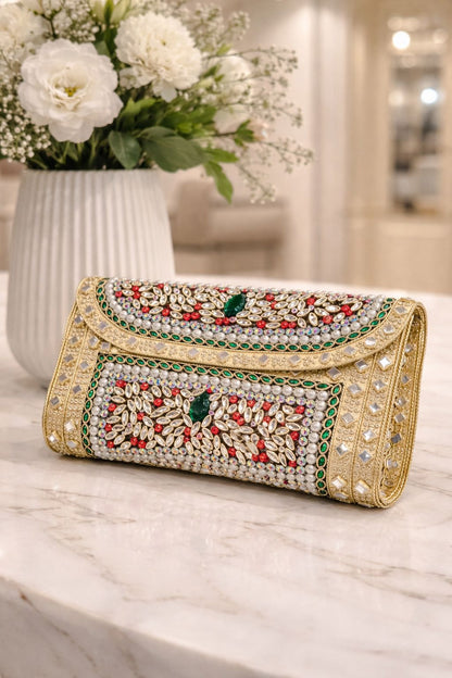 Gold Book Style Kundan Clutch with Emerald Green, Red &amp; White Stone Work
