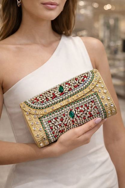 Gold Book Style Kundan Clutch with Emerald Green, Red &amp; White Stone Work