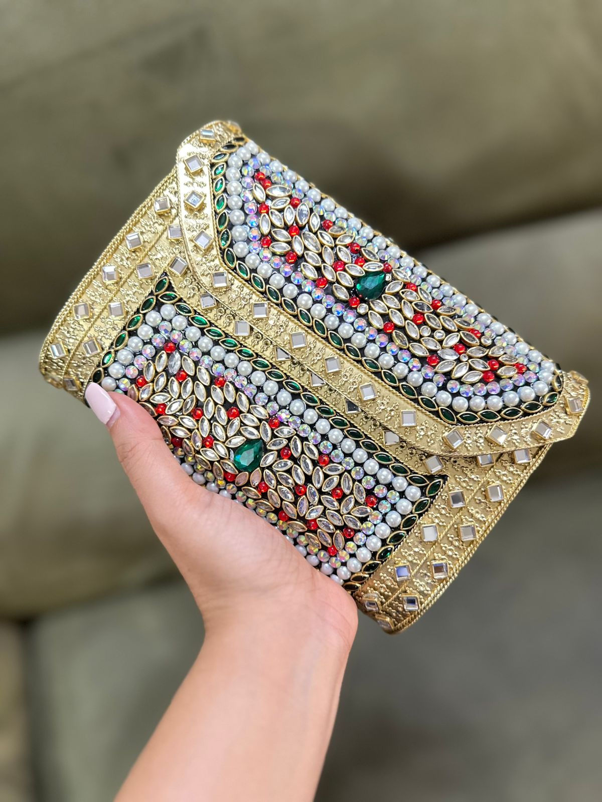 Gold Book Style Kundan Clutch with Emerald Green, Red &amp; White Stone Work