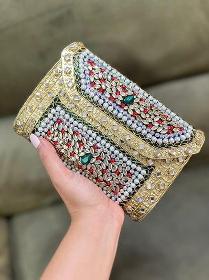 Gold Book Style Kundan Clutch with Emerald Green, Red &amp; White Stone Work