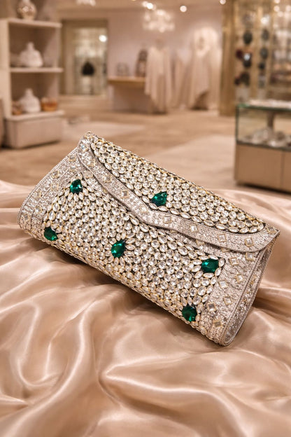 Silver Kundan Clutch with Emerald Green & Ruby Red Stones