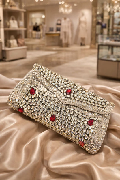 Silver Kundan Clutch with Emerald Green & Ruby Red Stones