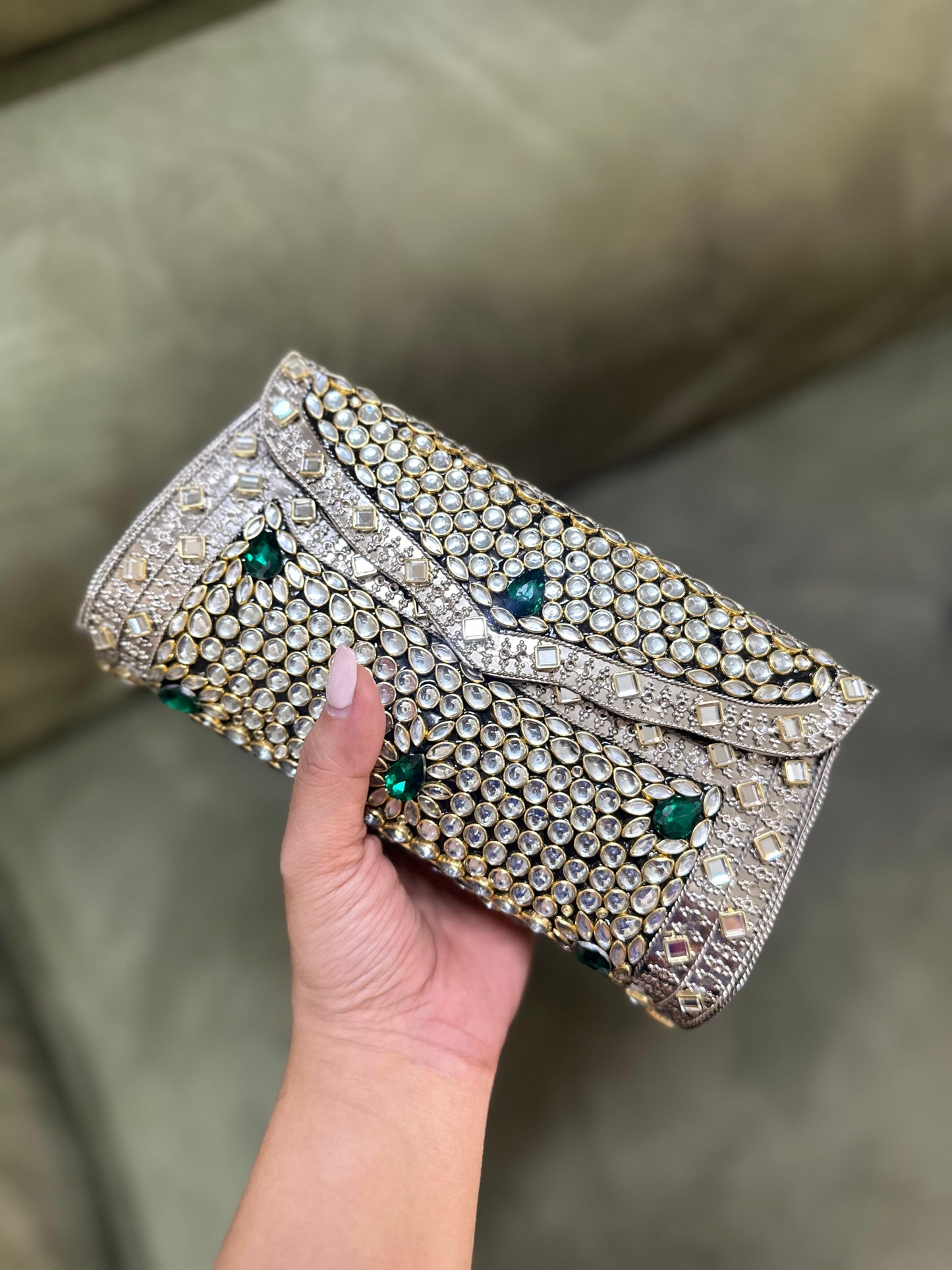 Silver Kundan Clutch with Emerald Green & Ruby Red Stones