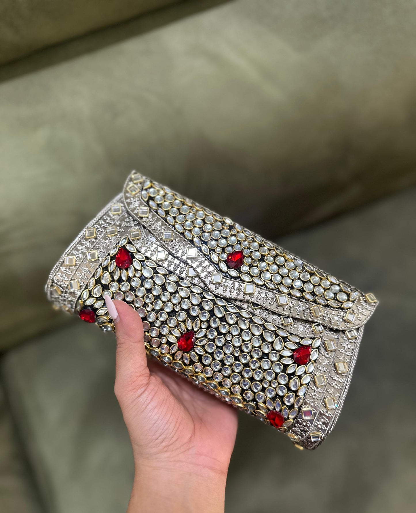 Silver Kundan Clutch with Emerald Green & Ruby Red Stones