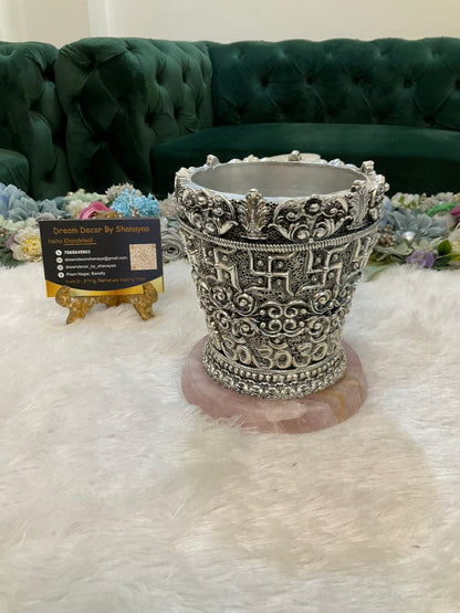999 Silver Plated Tulsi Pot with Rose Quartz Base