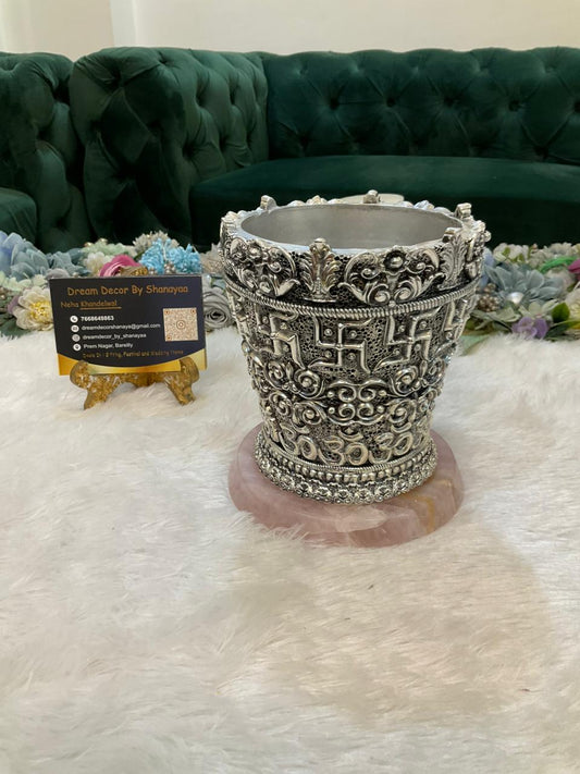 999 Silver Plated Tulsi Pot with Rose Quartz Base