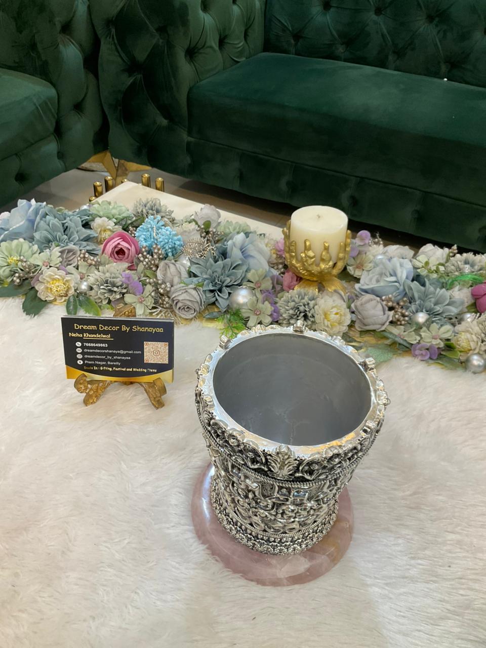 999 Silver Plated Tulsi Pot with Rose Quartz Base