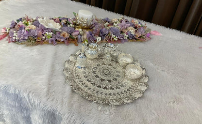 Imported Silver-Plated Heavy Nakkashi Puja Thal Set – 14 Inch