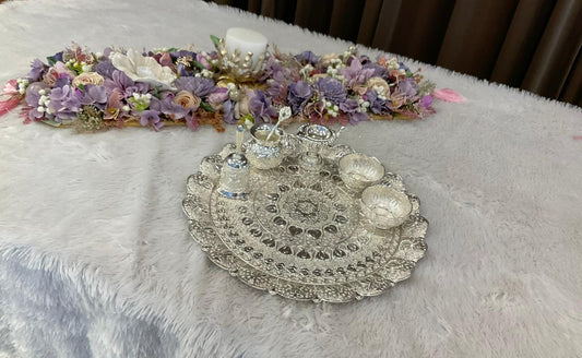 Imported Silver-Plated Heavy Nakkashi Puja Thal Set – 14 Inch