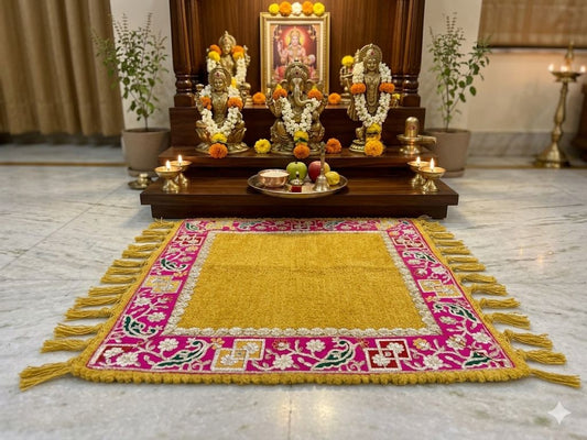 Premium Puja Asan & Runner Set with Heavy Embroidered Lace