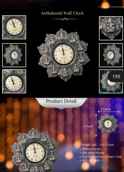 Real Silver Plated Asht Laxmi Wall Clock