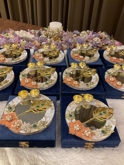 Luxury Resin Floral Tilak Platter with Designer Golden Stick