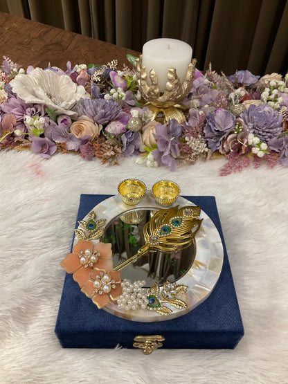 Luxury Resin Floral Tilak Platter with Designer Golden Stick