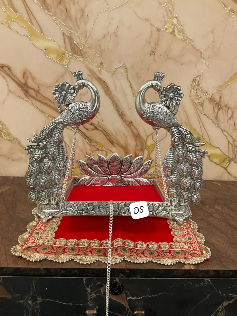 German Silver Lotus Jhoola with Peacocks