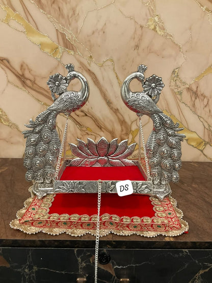 German Silver Lotus Jhoola with Peacocks