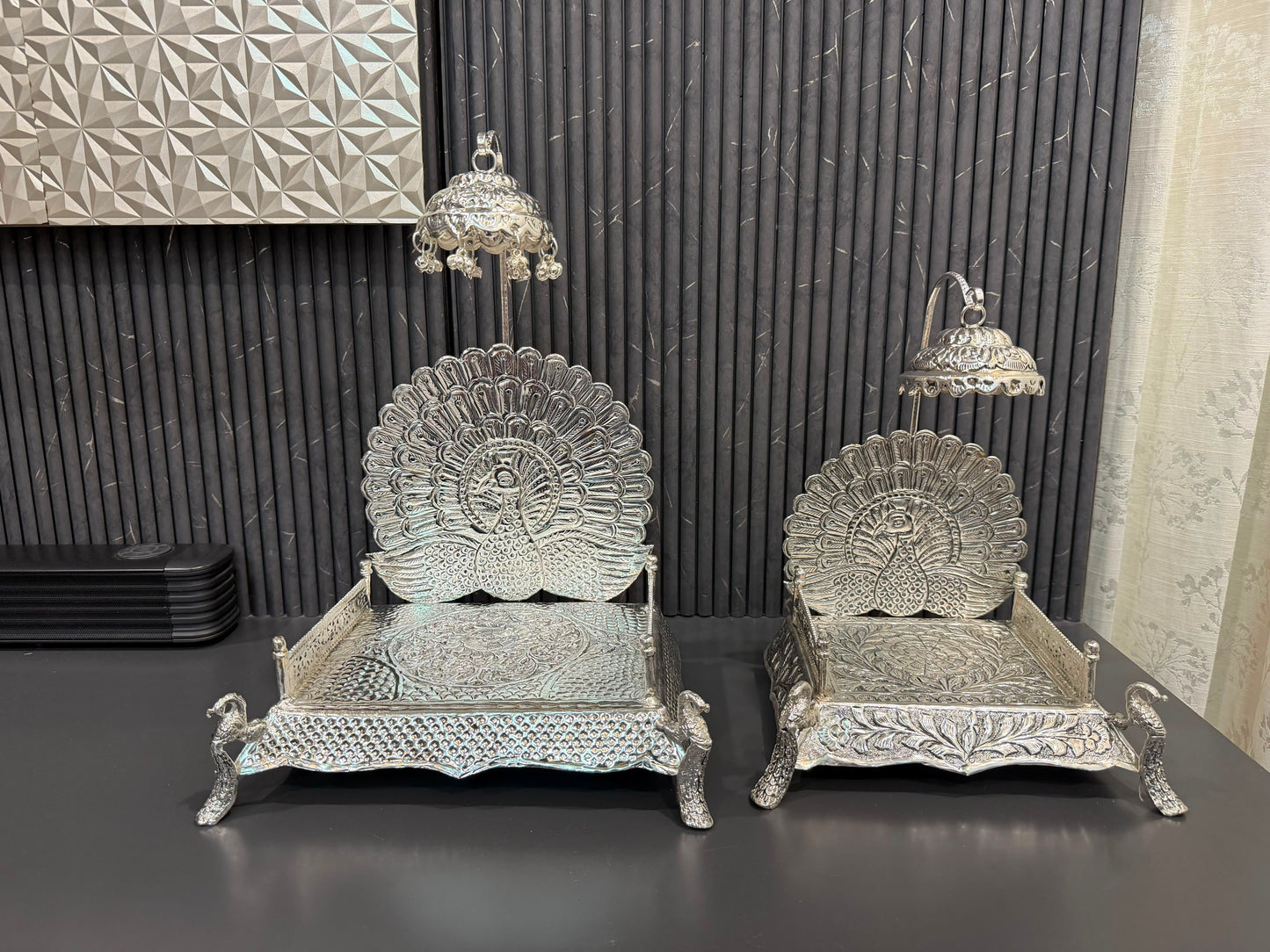 German silver hand engraved Peacock Singhasan
