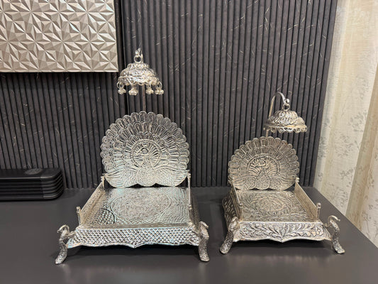 German silver hand engraved Peacock Singhasan