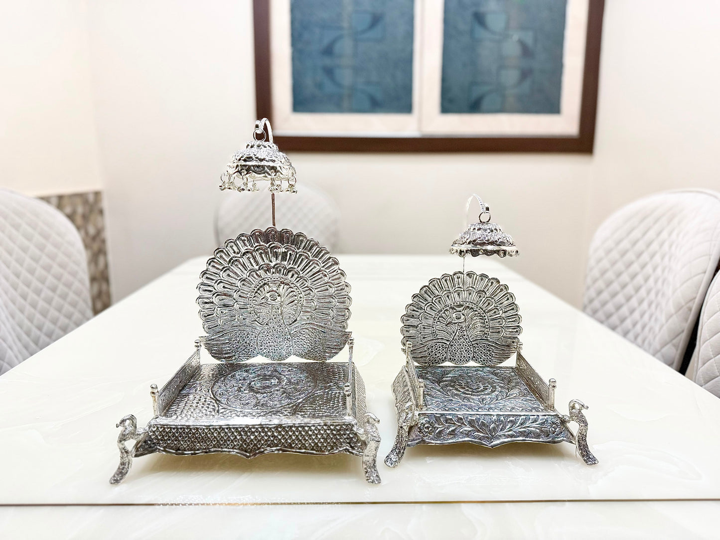 German silver hand engraved Peacock Singhasan