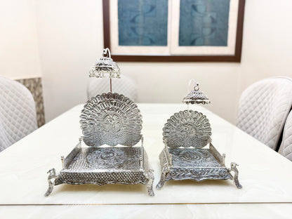 German silver hand engraved Peacock Singhasan