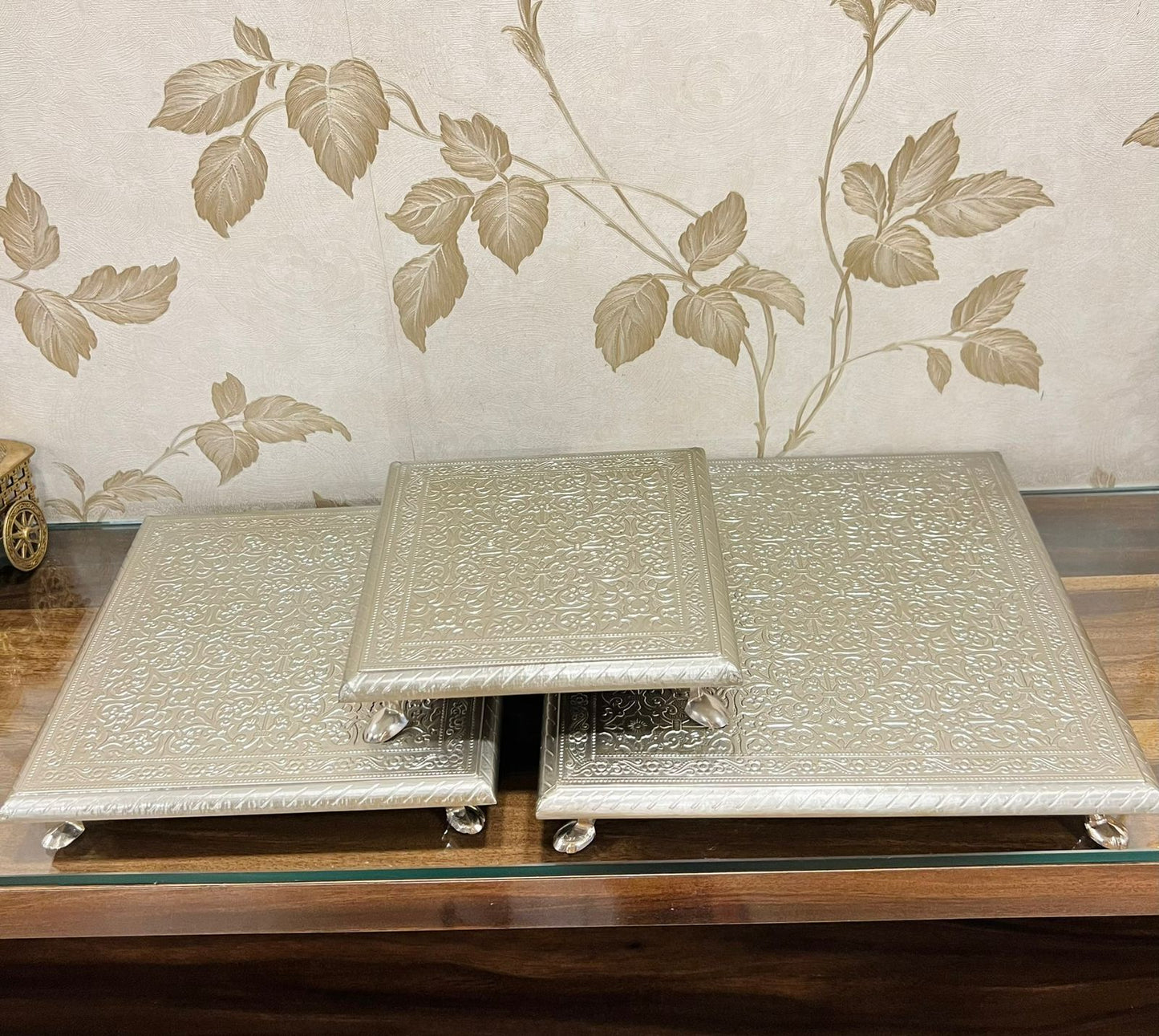 Premium Wooden Hand-Engraved Chowki Set with German Silver Sheet – Set of 3