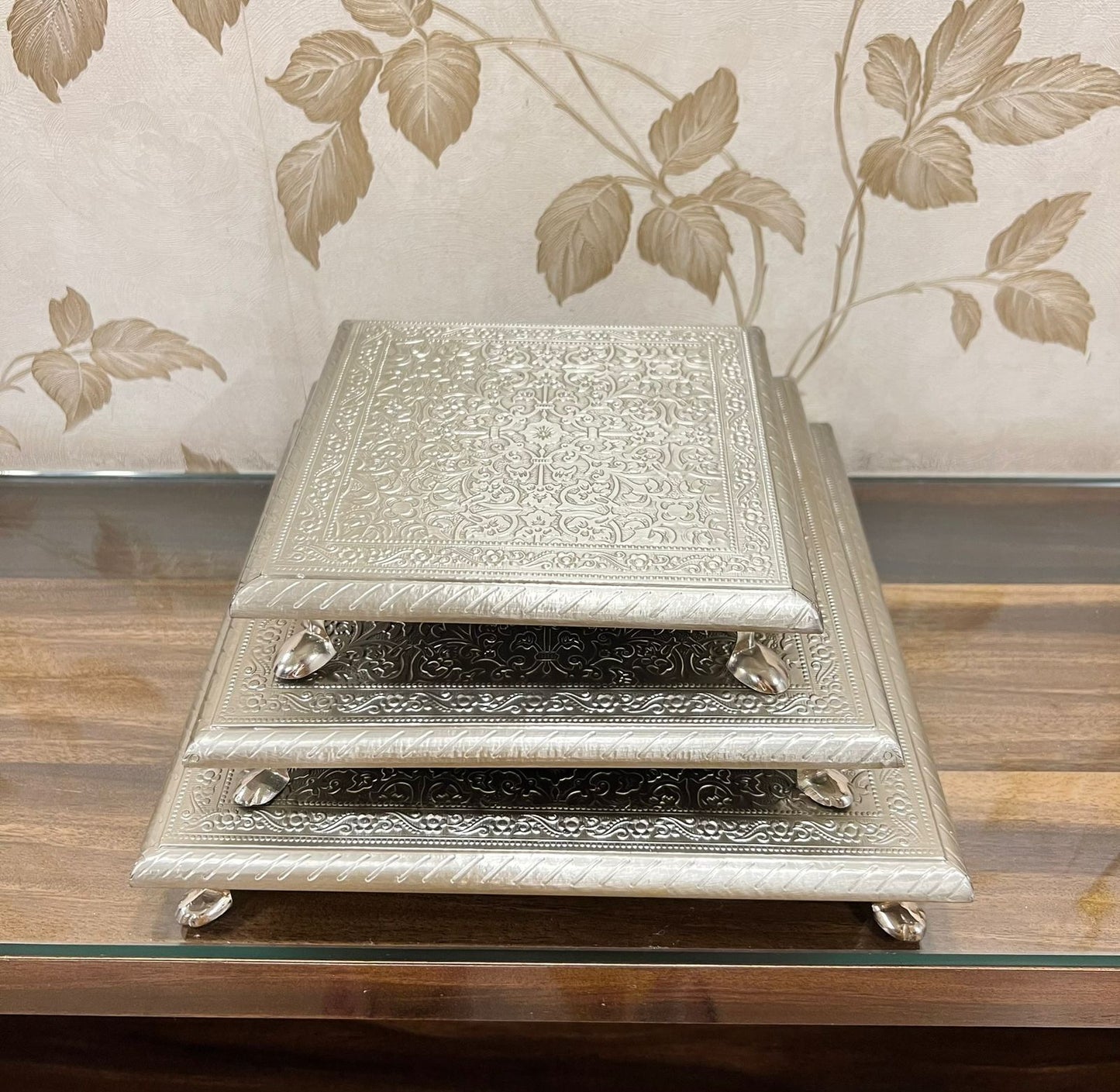 Premium Wooden Hand-Engraved Chowki Set with German Silver Sheet – Set of 3