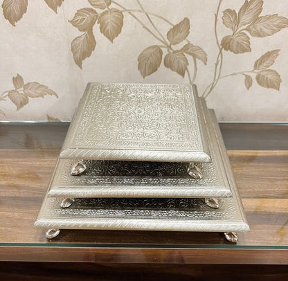 Premium Wooden Hand-Engraved Chowki Set with German Silver Sheet – Set of 3