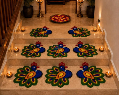 Peacock Staircase Rangoli Mats – Set of 8