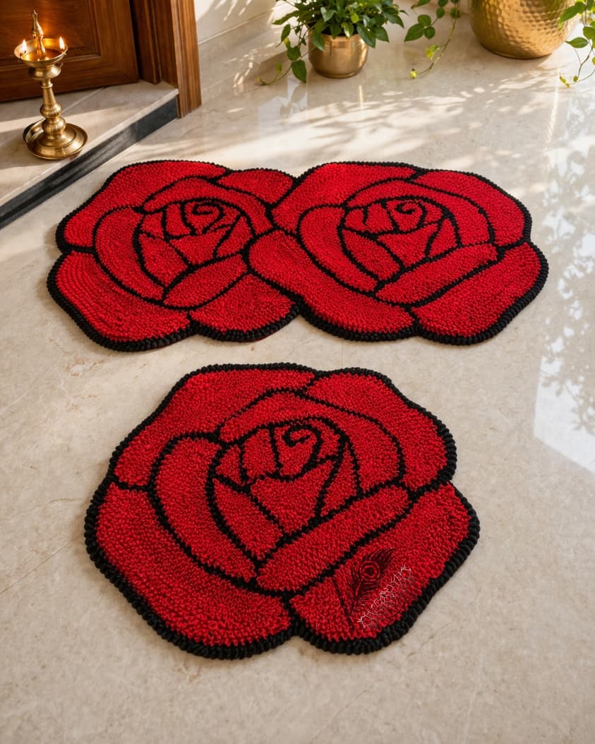 Premium Woolen Feather Rose Rangoli Mats – Set of 8
