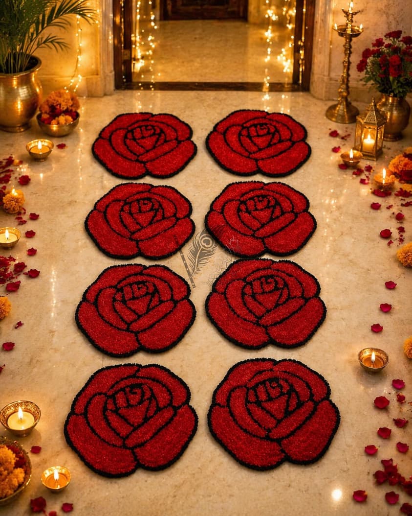 Premium Woolen Feather Rose Rangoli Mats – Set of 8