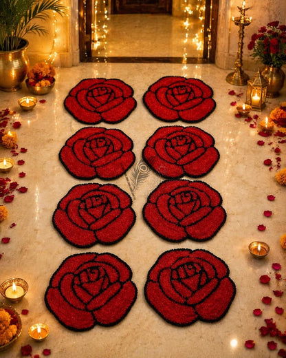 Premium Woolen Feather Rose Rangoli Mats – Set of 8
