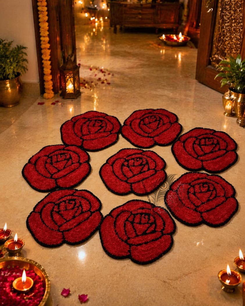 Premium Woolen Feather Rose Rangoli Mats – Set of 8