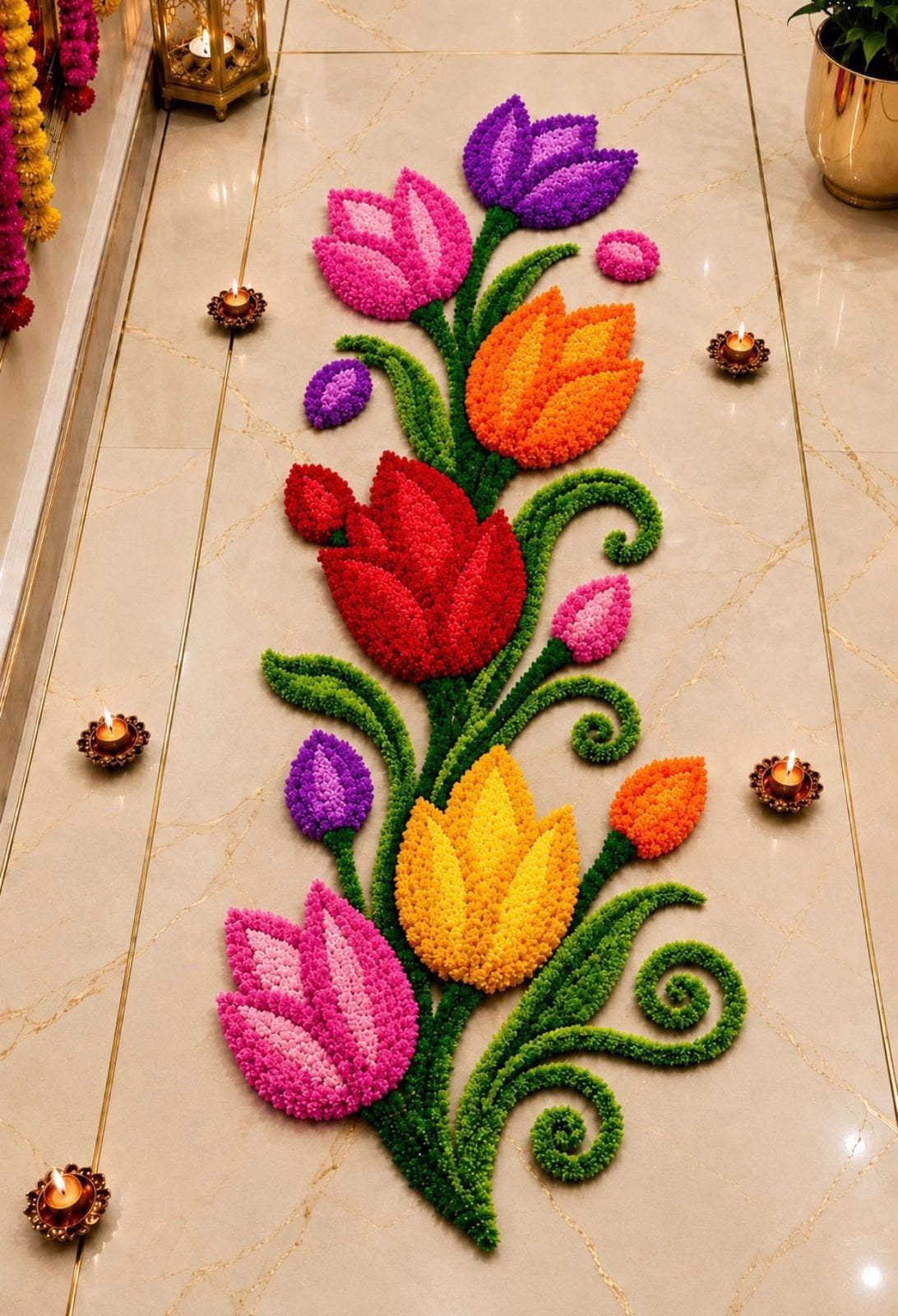 Tulip Trail Rangoli Mat – Elegant Floral Festive Décor