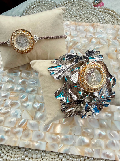Premium Bhai-Bhabhi Rakhi Set – Anti-Tarnish Bracelet &amp; Bangle Lumba with 2 gm Pure Silver Coins