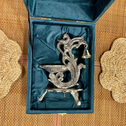 GS107 - Silver Plated Peacock Shape Diya with Hanging Bell
