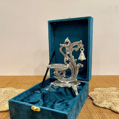 GS107 - Silver Plated Peacock Shape Diya with Hanging Bell