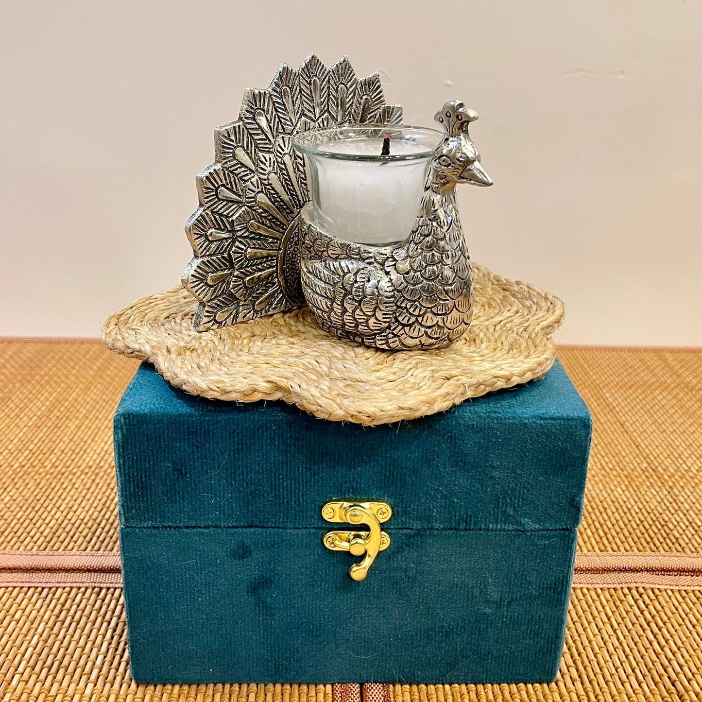 GS105 - Silver Plated Peacock with Glass Tealight Candle Holder