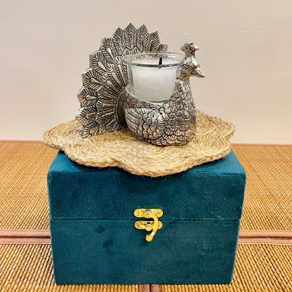GS105 - Silver Plated Peacock with Glass Tealight Candle Holder