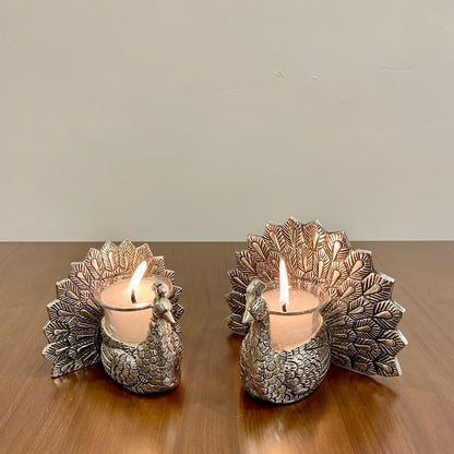 GS105 - Silver Plated Peacock with Glass Tealight Candle Holder