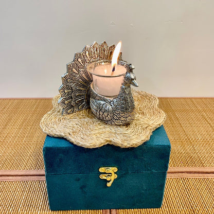 GS105 - Silver Plated Peacock with Glass Tealight Candle Holder