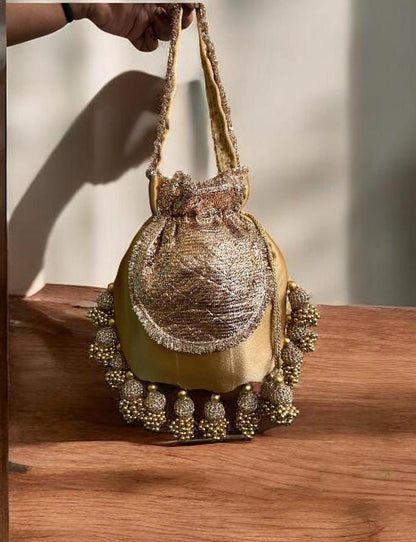 DP121 -  Satin JHUMKA Potli with Gota Patch – 10 x 9 inches