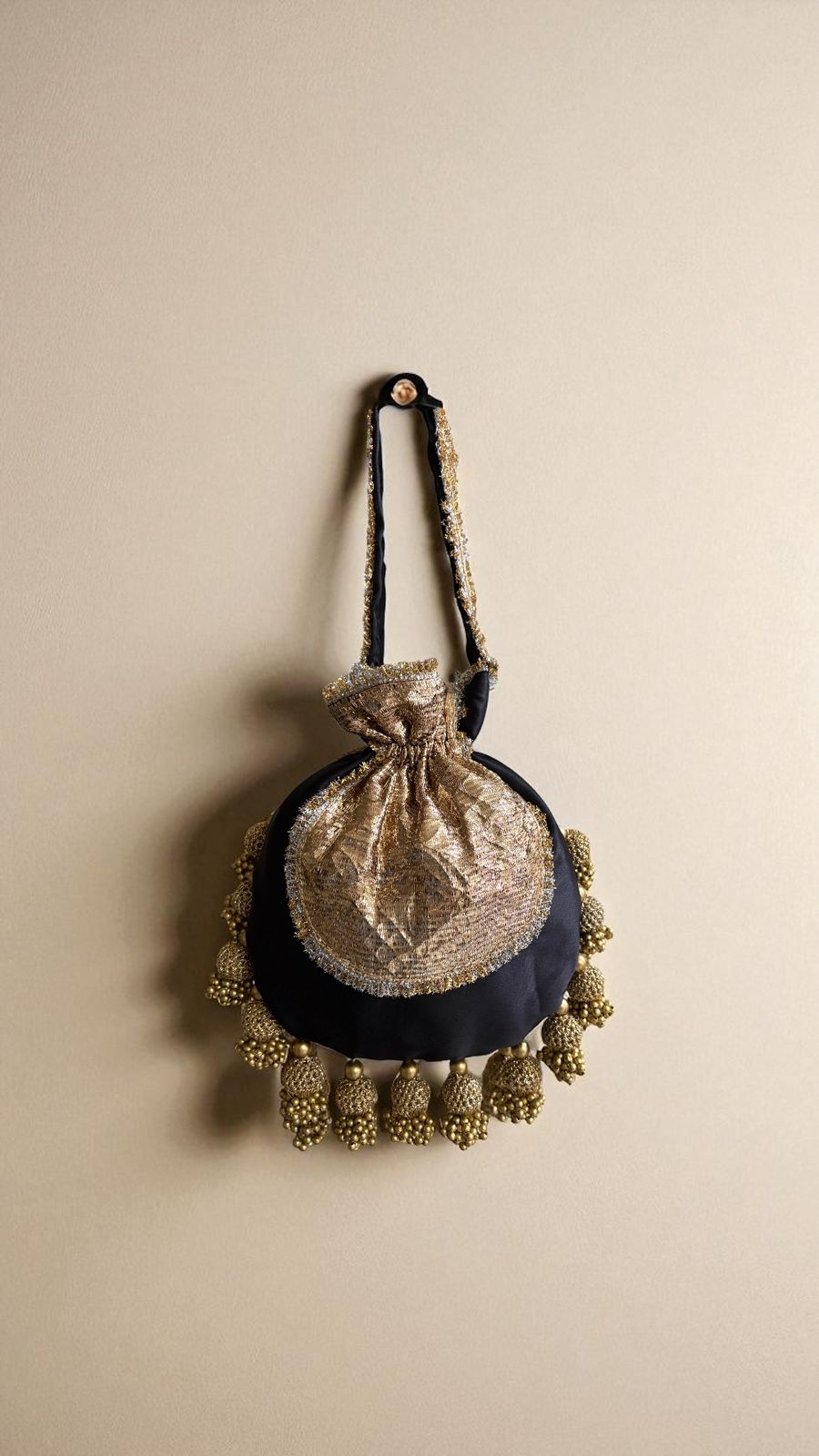 DP121 -  Satin JHUMKA Potli with Gota Patch – 10 x 9 inches