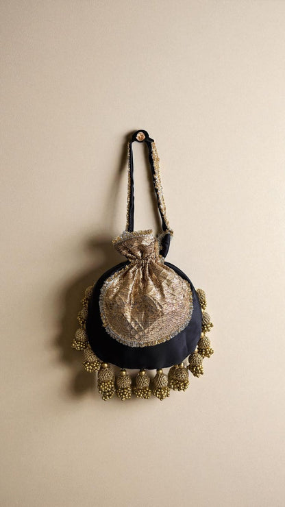 DP121 -  Satin JHUMKA Potli with Gota Patch – 10 x 9 inches