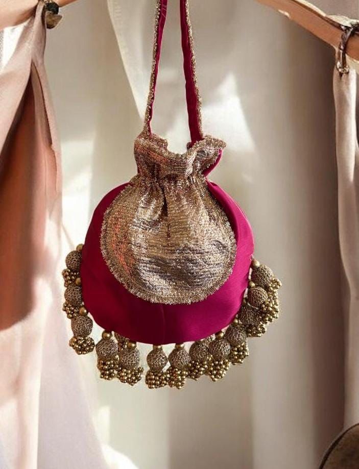 DP121 -  Satin JHUMKA Potli with Gota Patch – 10 x 9 inches