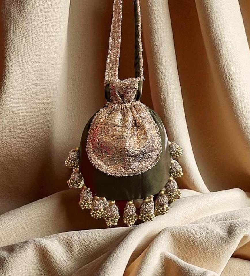 DP121 -  Satin JHUMKA Potli with Gota Patch – 10 x 9 inches