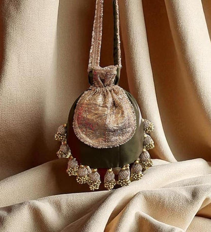 DP121 -  Satin JHUMKA Potli with Gota Patch – 10 x 9 inches