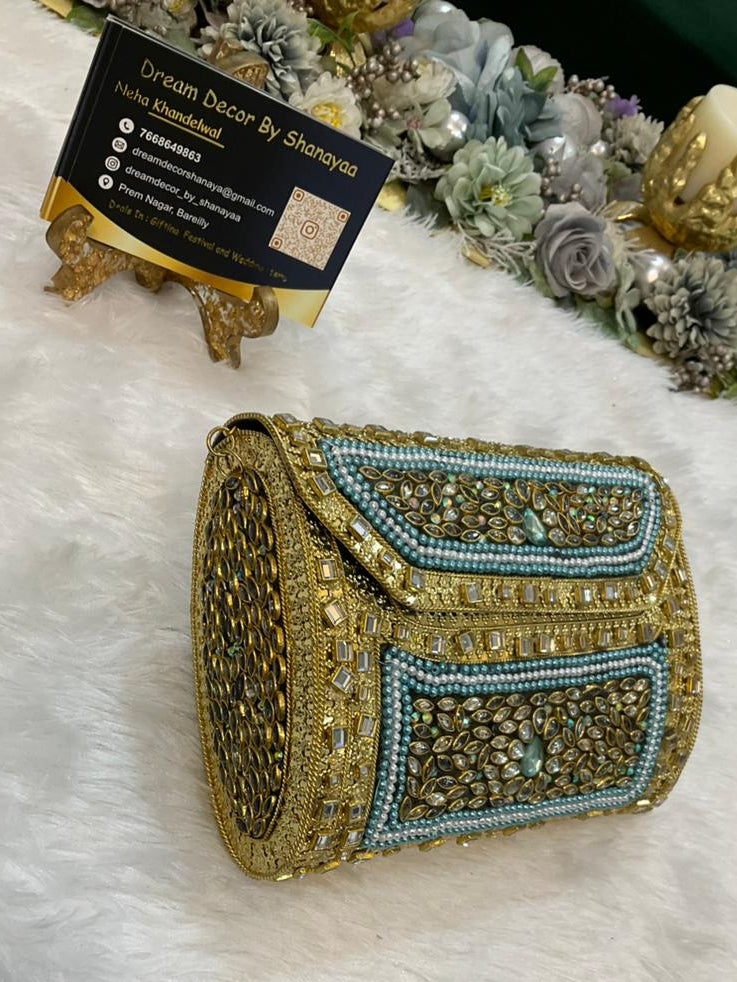 Designer Metal Clutch – Green & Gold