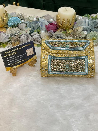 Designer Metal Clutch – Green & Gold